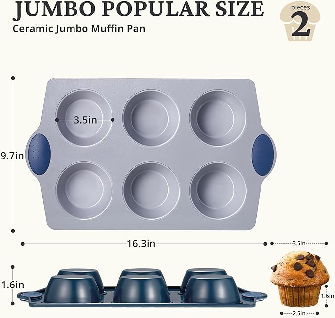 BRONYPRO 2-Pack 6-Cup Non Toxic Nonstick Ceramic Jumbo Muffin Pan & Cupcake Tin, PFOA & PFOA Free, Heavy Duty Rust-Resistant Aluminized Steel, Oven & Dishwasher Safe, Blue