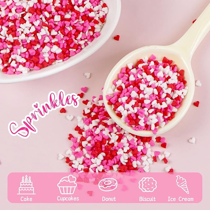 Sweet Mini Heart Sprinkles Sugar, Valentines Love Sprinkles for Cupcake Decorating, 150g/5.29oz Mix Edible White Pink and Red Candy, Cookie, cookie eyeballs, Wedding Party Supplies