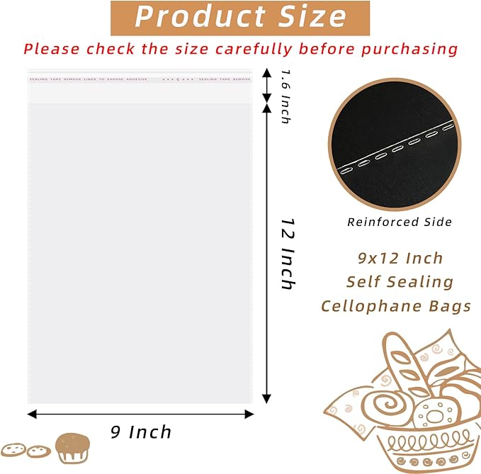rebucas 9x12 Inch Clear Self Sealing Cellophane Bags, 120 Pcs Plastic Packaging Bags for Clothes, Shirts, Gifts, Pants, Magazines, Crafts, Small Business