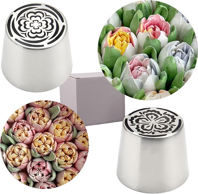 Russian Piping Tips Set 2PCS Stainless Steel Cake Decorating Kit for 3D Flowers Roses Extra Large Icing Nozzles Flower Tips Baker Tools for Wedding Birthday Cakes Cupcakes Cookies (Silver A-1)