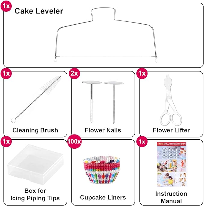 222 PCS Cake Decorating Kit - Includes Cake Turntable, Leveler, Piping Bags and Tips Set, 2 Frosting Spatulas, 3 Scrapers, 100 Cupcake Liners, Booklet and more Decorating Supplies