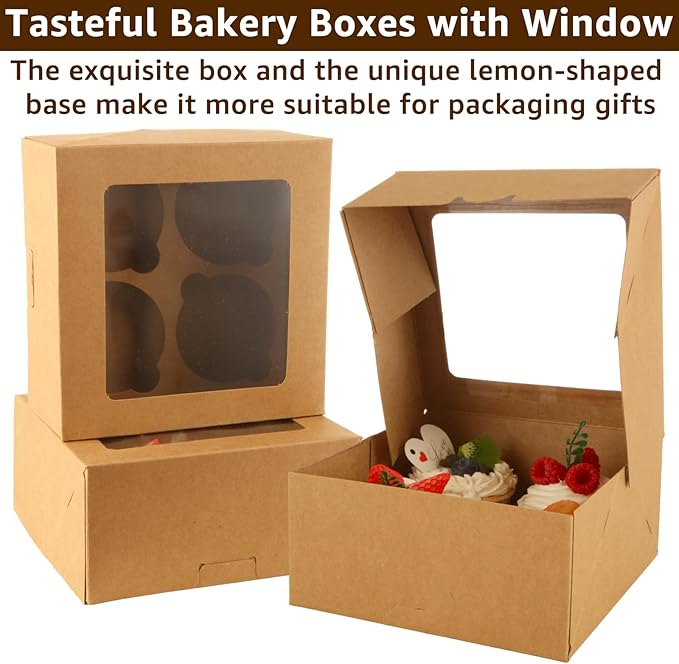 QTLCOHD 40 Pack Cupcake Boxes 4 Count, 6 x 6 x 3 Inch Folded Cupcake Containers, Brown Muffin Boxes with Window Bulk for Cookie, Pastry, Cake, Dessert, Treat Packaging