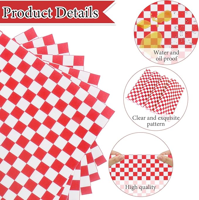 200 Pcs Wax Paper Sheets for Food Deli Wrap Paper Sheets 8.5x8.5"Food Basket Liners Checkered Square Sandwich Wraps for Burgers Bread Restaurant Barbecue Picnic(Red)