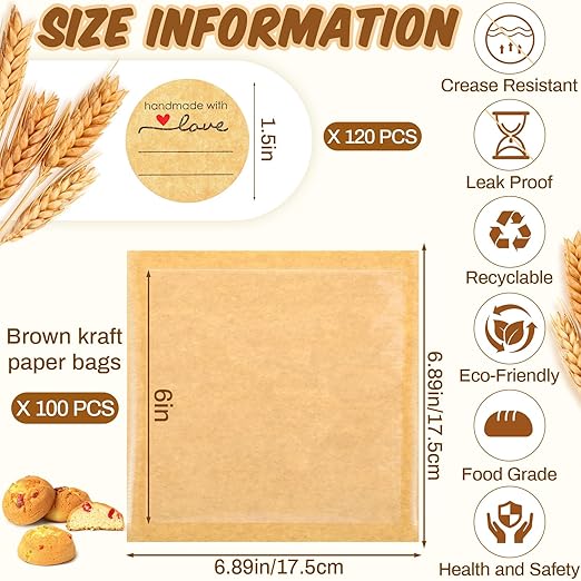 Outus 100 Pcs Cookie Packaging Bags with Seal, 6 x 6 Inch Bakery Pastry Bags with Window, Heat Sealable Grease Resistant Paper to Go Bake Sleeves for Gift Giving Donut Bread Sandwich (Brown)