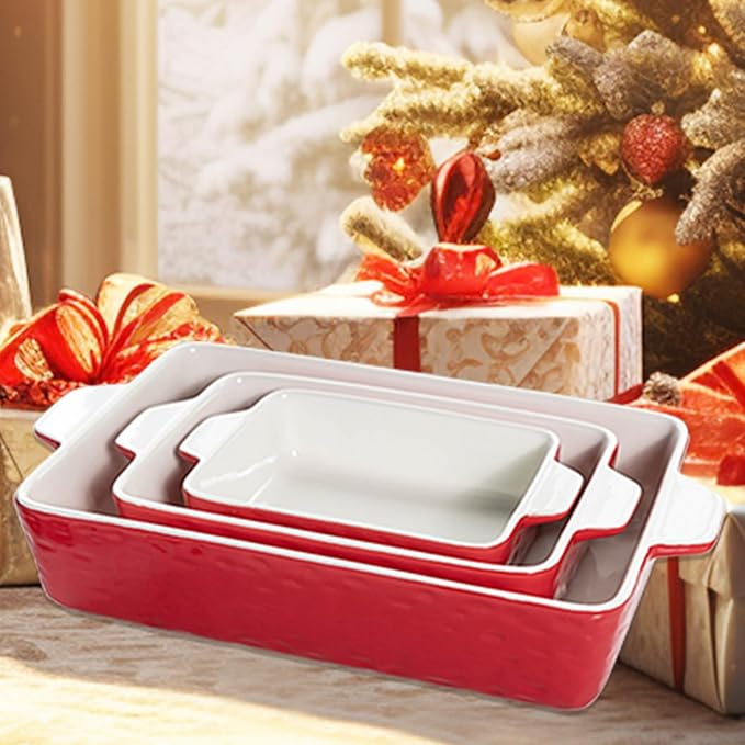 Casserole Dishes for Oven, Ceramic Baking Dishes, Lasagna Pan with Handles, Porcelain Baking Pan Deep, Bakeware for Baking, Cooking, Wedding Gift, Set of 3 (11.6" x 7.8", Red)