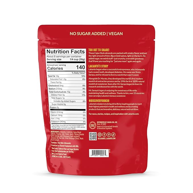 Lakanto Sweet and Savory Cajun Spice Almonds - On the Go Snack, Cajun Seasoning, Bold & Spicy, Gluten Free, Protein, Crunchy Roasted, Monk Fruit, Resealable Bag (8 oz)