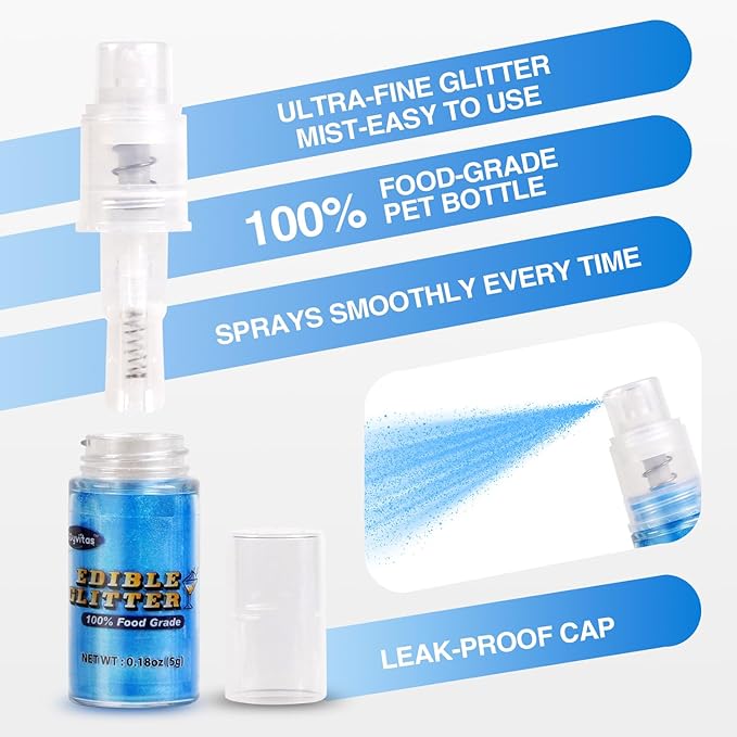 Blue Edible Glitter Spray 5g, Shimmer Edible Glitter for Cocktails, Food Grade Luster Dust for Beverages & Cake Decorating, Drinks, Baking, Chocolate