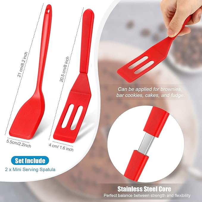 Patelai Mini Silicone Brownie Serving Spatula Flexible Nonstick Serve Turner Heat Resistant Cookie Slotted Spatula for Eggs in Small Frying Pan Cookie Batter Lemon Baked(Red,2 Pieces)