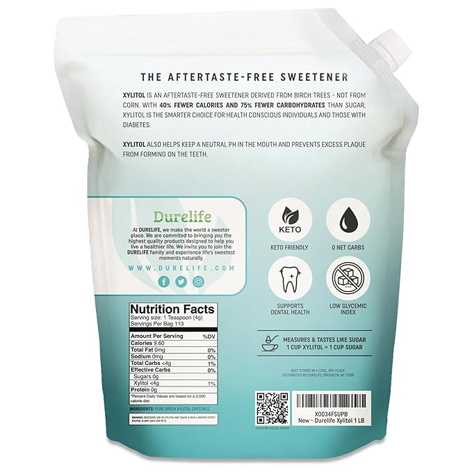 DureLife XYLITOL Sugar Substitute 1 LB (16 OZ) Made From 100 % Pure Birch Xylitol NON GMO - Gluten Free - Kosher ,Natural sugar alternative,