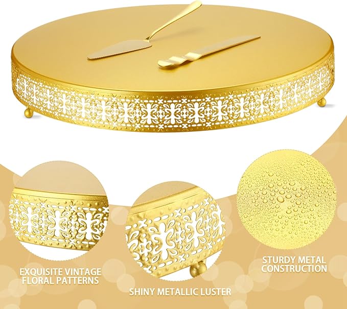 Wenqik Gold Cake Stand, 18 Inch Large Metal Round Cupcake Dessert Stand with Cake Knife and Server Wedding Cupcake Display Holder Cookies Serving Tray for Wedding Birthday Baby Shower Party