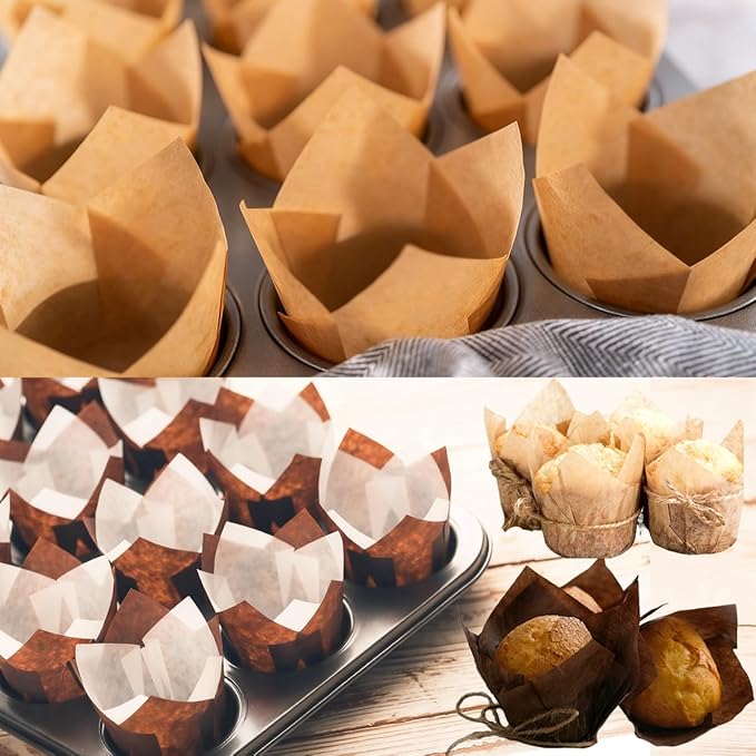 150pcs Tulip Cupcake Liners - Muffin Paper Baking Cups, Greaseproof Wrapper Holders for Birthday, Wedding, Party, Baby Showers, Catering, Restaurants(Brown,White,Light Brown)