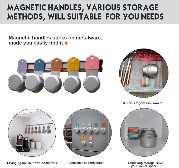 Magnetic Measuring Cups Set, 7 Pieces 18/8 Stainless Steel Stackable Nesting Heavy Duty Measuring Cups, kitchen Tools, Perfect for Dry and Liquid Ingredients, Dishwasher Safe (Muticolour, 7 set)