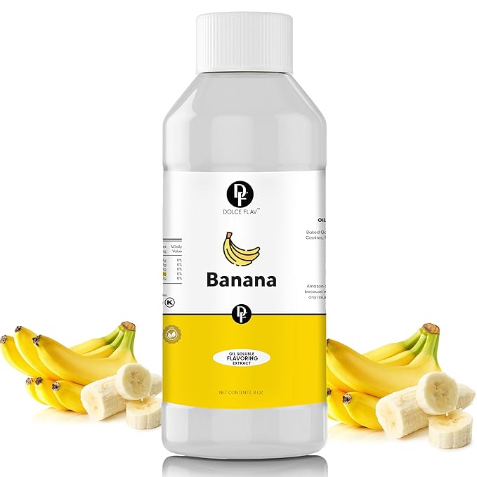 Dolce Flav Banana Extract – 8 Ounce Oil-Soluble Kosher, Sugar-Free, Concentrated Ripe Banana Flavoring for Baking, Smoothies & Ice Cream