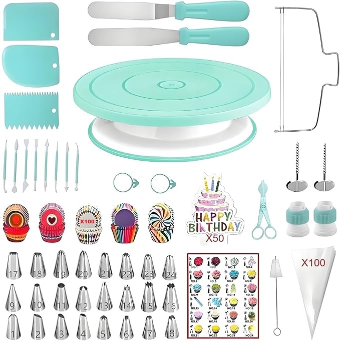 298 Pcs Cake Decorating Kit with Cake Turntable,Cake Leveler,24 Numbered Icing Tips,2 Spatulas,3 Comb Scrapers,8 Carved Pens,100 Pastry Bags,100 Paper Cupcake Liners, (Green)