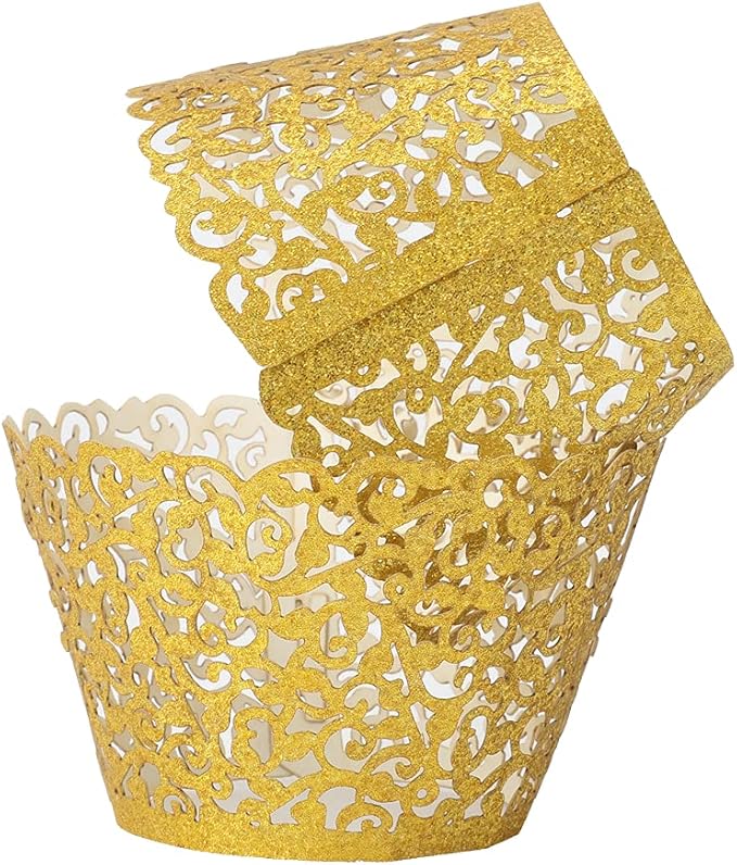 100pcs Cupcake Wrappers Artistic Bake Cake Paper Cups Little Vine Lace Laser Cut Liner Baking Cup Muffin Case Trays for Wedding Party Birthday Decoration (Gold Glitter)