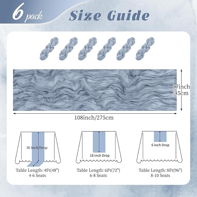 6 Pack Dusty Blue Cheesecloth Table Runner 17x108 Inch Semi Sheer Boho Gauze Cheese Cloth Fabric Table Runners, for Wedding Party Baby Shower Birthday Home Decor Garden Farmhouse
