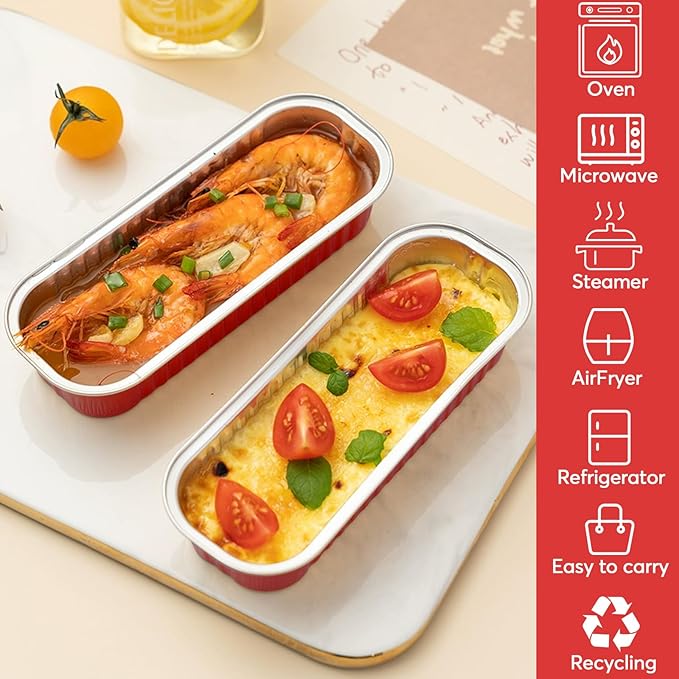 Ruckae 100 Pack Mini Loaf Pans with Lids and Spoons Stickers Disposable Aluminum Tin Foil Pans Rectangle Mini Loaf Cake Pan for Baking,Party,Picnics,Gifts(Red)