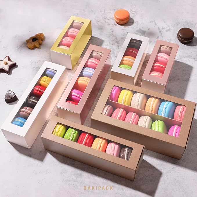 30 Macaron Boxes for 4 or 5 Macarons Gold Macaron Gift Boxes, Candy Boxes, Macarons Box with Clear Window (Interior Measurement 4.8" x 1.9" x 1.9" without Macaron inside)