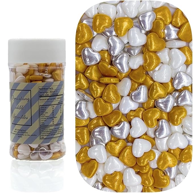 Dynastang Gold & Silver & White Heart Sprinkles Edible Heart Cake Decorating Heart Cake Decorations Cupcake Toppers Cookie Decorating Perfect for Cakes, Cupcakes, Desserts Toppings 3OZ