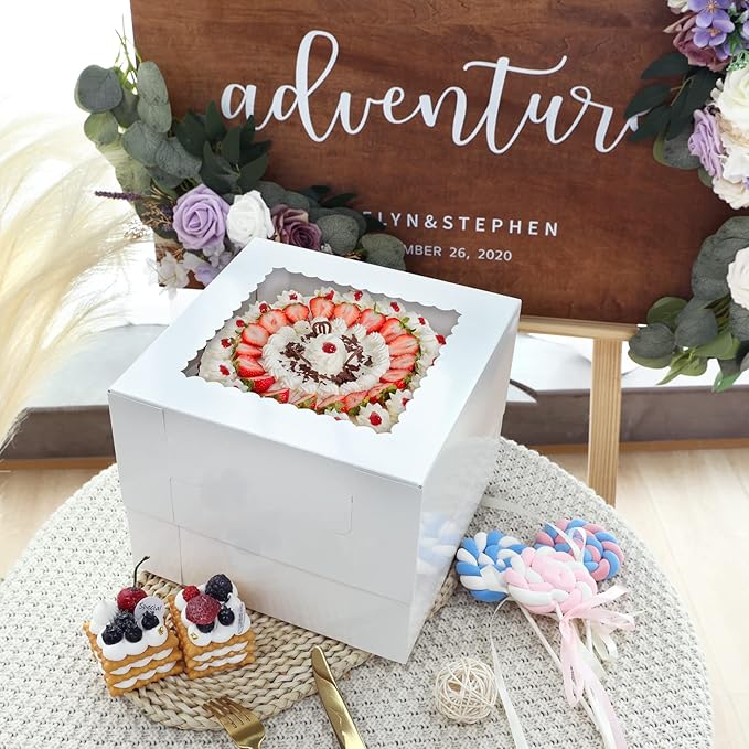 Moretoes 20pcs Cake Boxes, 10x10x8 Inches Tall Cake Box with Window, White Bakery Box, Large Baking Boxes with Window for Valentine's Day, Mother's Day, Pastries, Pies, Desserts