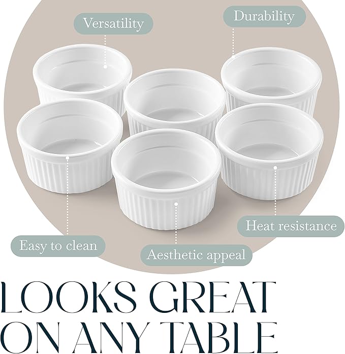 Bellemain Creme Brulee 4 oz Ramekins | Mini Casserole Dish Set, Charcuterie Bowls, Pot Pie Baking Dishes, Soy Sauce Bowls | Fluted Porcelain Bowls, Ramekins Oven Safe to 500F, Set of 6 (White)