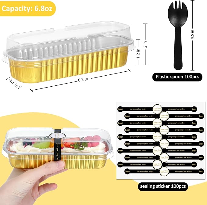 Mini Loaf Pans with Lids and Spoons (100 Pack, Gold, 6.8oz) Rectangular Aluminum Foil Baking Pans