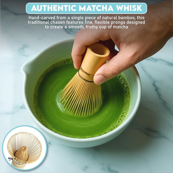 10 Pcs Matcha Kit Set, Ceramic Matcha Set Includes 17oz Matcha Bowl, Bamboo Whisk and Scoop, Whisk Holder, Sifter, Scoop holder, Measuring Cup, Powder Caddy, Tea Towel and Instruction Manual (Blue)
