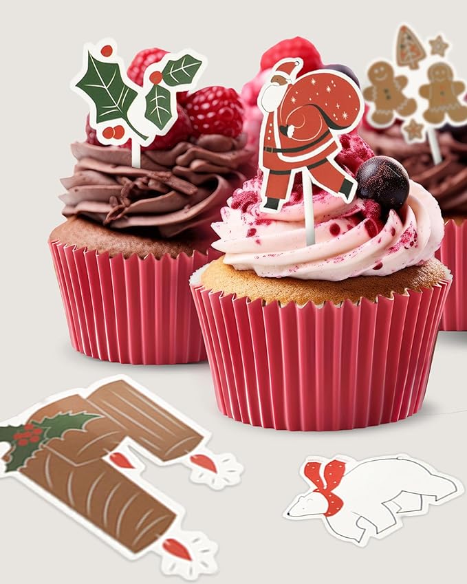 48 PCS Christmas Cupcake Toppers, Christmas Cake Decorations, Cupcake Picks, Cupcake Decorations for Xmas Party, Baby Shower, Holiday, Birthday Party
