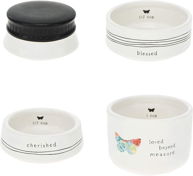 Pavilion Gift Company Cherished Blessed Loved Beyond Measure - 4 Piece Stoneware Stackable Measuring Cup Set (87525), White, 6"