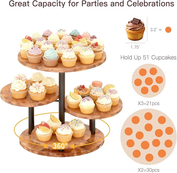 Cupcake Stand 4 Tier Cupcake Tower Stand for 50 Cupcakes,360° Rotating Wood Cake Stand, Wedding Cake Stands, Cupcake Stands for Party, Cup Cake Tower Stand for Birthday Anniversary Party Decoration