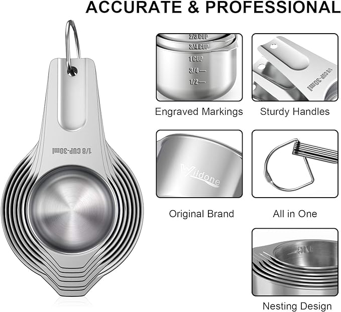 Stainless Steel Measuring Cups, Wildone Metal Measuring Cups Set with Easy to Read Markings for Measuring Dry or Liquid Ingredients, Set of 7