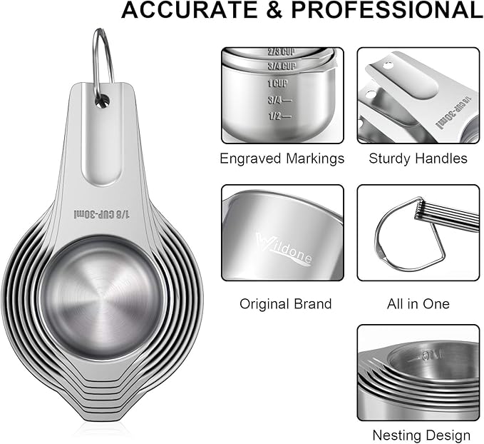 Measuring Cups and Magnetic Measuring Spoons Set, Wildone Stainless Steel 7 Measuring Cups, 8 Double Sided Stackable Magnetic Measuring Spoons, 1 Leveler & 5 Mini Spoons - 21 Piece