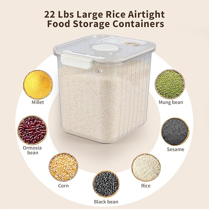 22 Lbs Plastic Clear Rice Airtight Dry Food Storage Containers with Flip Lid, Large Food Storage Airtight Pantry Containers