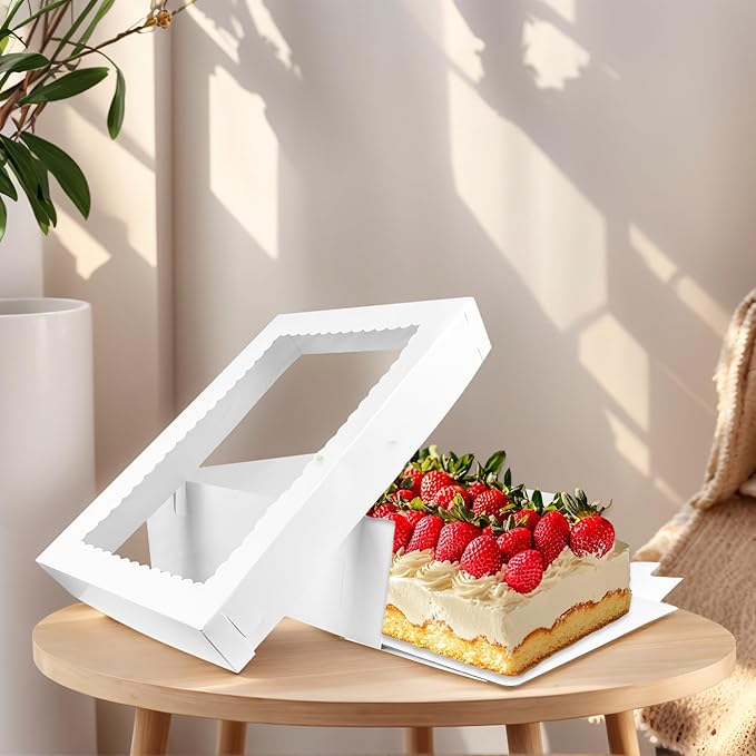 MUMULULU 4 PCS 19x14x4 Inch Cake Boxes with Cake Board White Sheet Rectangular Bakery Boxes with Window for Donuts Cookies Dessert Cupcakes Pastry Baking Pie Packaging
