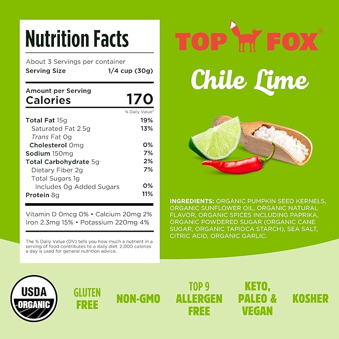 Top Fox Snacks Pumpkin Seeds to Eat (Chile Lime, 3.5 oz – 2 Pack) - Gluten Free Snacks, Healthy Protein Snacks, Keto Friendly Snacks, Allergen Free Snacks, Paleo & Vegan - Organic Pop-Roasted