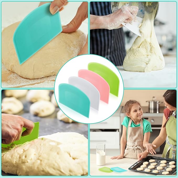 Thyle 36 Pcs Plastic Dough Scraper Set Bowl Multipurpose Dough Cutter Flexible Scraper Spatula for Kitchen Baking Tool Cake Bread Pizza Food Pastry Icing Fondant, White, Pink, Green and Blue