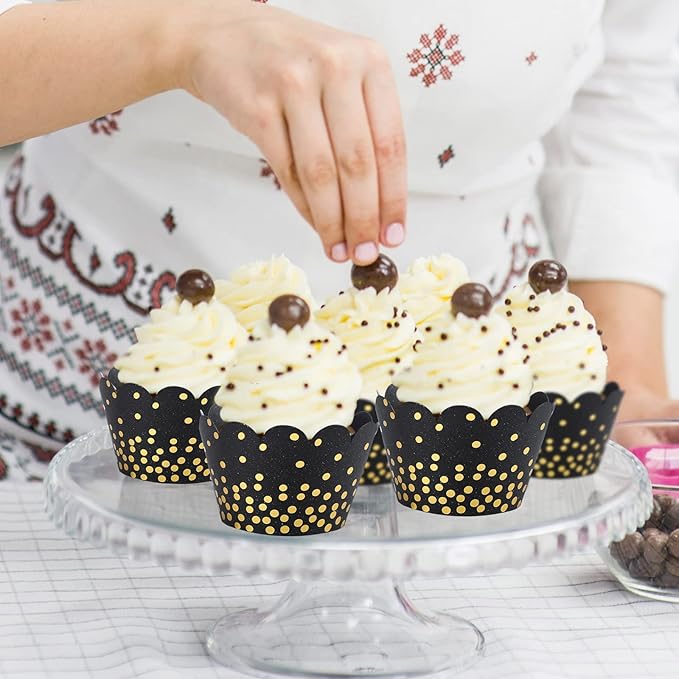 Zhehao 60 Pcs Gold Polka Dots Cupcake Wrappers Adjustable Graduation Cupcake Liners Paper Baking Cups Disposable Muffin Liners Holders for Birthday Baby Shower Wedding Party Supplies(Black)