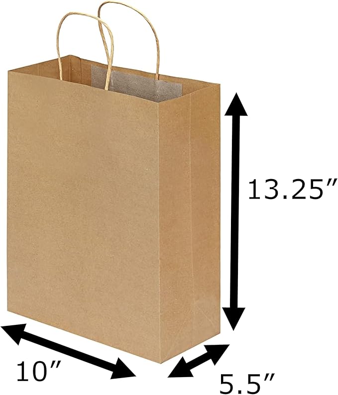 Premium 10x5x13 Paper Bags with Handles - Pack of 200, Kraft Paper Bags Ideal for Shopping, Wedding, Business, Retail, Craft, Gifts & More - Durable, 100% Recyclable Brown Quality Bags