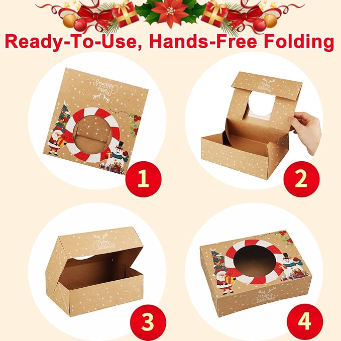 24pcs Christmas Cookie Boxes 8.25inx5.75inx2.75in-Christmas Kraft Paper-Bakery and Treat Boxes for Holiday Gift Giving and Christmas Party Supplies