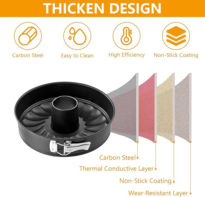 Round Bundt Springform Cake Pan: 9 Inch Springform Pan, 2 in 1 Cheesecake Pan with Removable Bottom & Quick-Release Latch, Non-Stick Carbon Steel Tube Pans for Baking（24cm