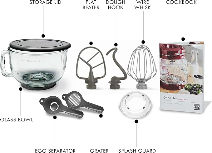 Kenmore 500W Oviation Stand Mixer - 10 Speed Mixing, Tilt-Head, 5QT Handheld Glass Bowl With Pouring Top Splash Guard, Flat Beater, Whisk, Dough Hook Attachments Countertop Kitchen Appliance, Grey