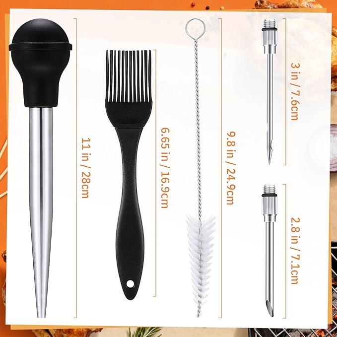 Boao 5pcs Thanksgiving Stainless Steel Turkey Baster with Basting Needles, Reusable Cheesecloth, Pastry String and Silicone BBQ Brush, Kitchen Tool Set for Christmas Cooking Baking Grilling Marinating