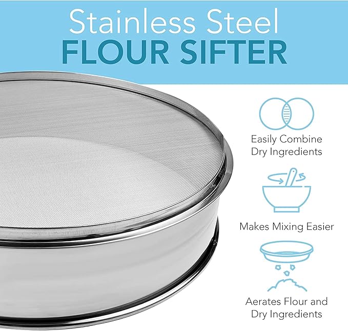 Stainless Steel Flour Sifter Fine Mesh Round Flour Sieve for Baking 12" Diameter x 2.5" High; 30 Mesh (Hole Size 0.6mm)