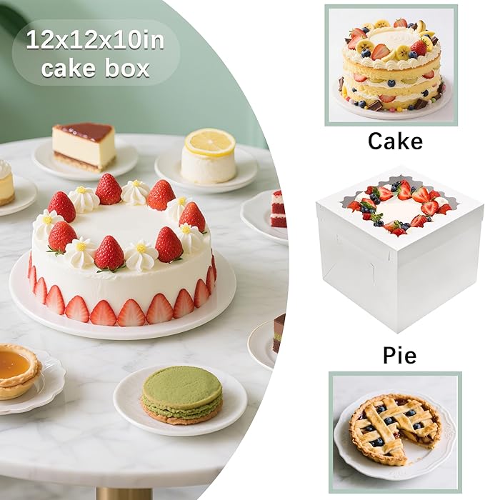 8pcs Cake Boxes 12 Inch,12x12x10in Tall Cake Boxes with Window,10in 12in White Bakery Boxes with Lids,Large Baking Boxes,Square Bakery Boxes for Multi-Layer Cakes