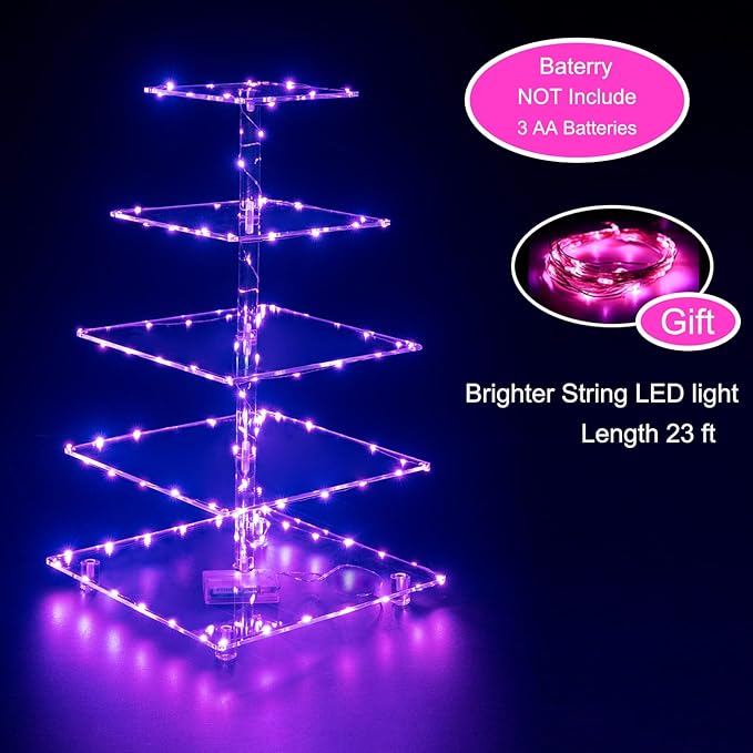 Cupcake Stand, 5-Tier Square Cupcake Holder with LED Light String, Acrylic Cupcake Tower Display-Dessert Tower-Pastry Stand-Cupcake Tier Stand for Wedding, Birthday Party (Pink Light)