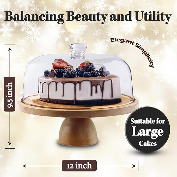 Cake Stand with Acrylic Dome Lid 2-in-1 - Multifunctional Round Shatterproof Dessert Table Display Set with Acacia Wood Serving Platter, Veggie Tray, Fruit Bowl - Party Cake Display