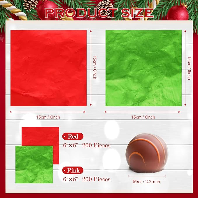 400 Sheets Christmas Foil Chocolate Candy Wrappers Aluminum Tin Foil Wrapping Paper for Packaging Decoration Red Green Wrappers DIY Baking Homemade Food Party Favors 6 x 6 Inches
