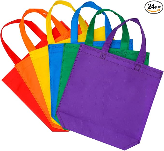Aneco 24 Pack Party Non-Woven Gift Bags Reusable Tote Bags in Bulk Rainbow Goody Bag with Handles for Birthday Party Supplies (11.5 x 11.5 Inches)