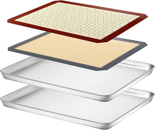 Baking Sheet with Silicone Mat Set of 4, Stainless Steel Cookie Sheet Baking Pan Tray with Silicone Mat, Non Toxic & Heavy Duty & Easy Clean - Size of 16 inch