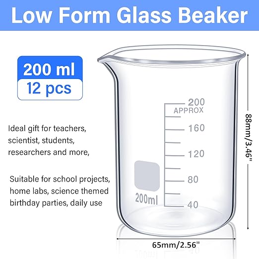 12 Pcs 200 ml Glass Lab Beaker 3.3 Borosilicate Glass Measuring Cup with Spout Low Form Glassware for Laboratories Classrooms or Home Use